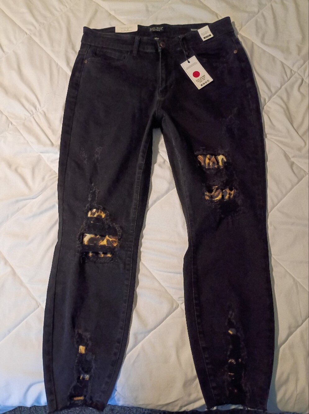 Nwt Judy Blue Black Skinny Jeans Leopard Patch Rips Sz. 14 Size 14w 14 W New